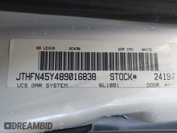 2008 Lexus SC 430 with VIN JTHFN45Y489016838, listed as a IAAI auction lot 41727443 with 136,414 mi miles and . Bid and sale history available at carsss.com. Image 9.