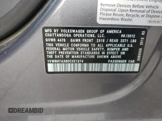 2013 Volkswagen Passat SE z VIN 1VWBH7A38DC021974, wystawiony jako Copart lot #50365355 z przebiegiem 127 888 mil mil oraz Szkoda całkowita • Salvage title. Historia ofert i sprzedaży dostępna na DreamBid. Obrazek 12.