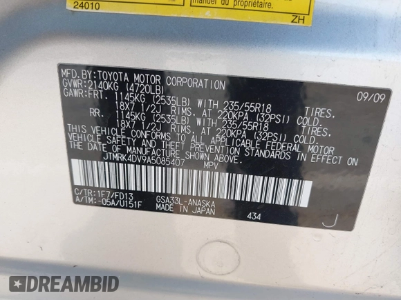 2010 Toyota RAV4 Sport with VIN JTMRK4DV9A5085407, listed as a IAAI auction lot 41824500 with 227,162 mi miles and . Bid and sale history available at DreamBid. Image 9.