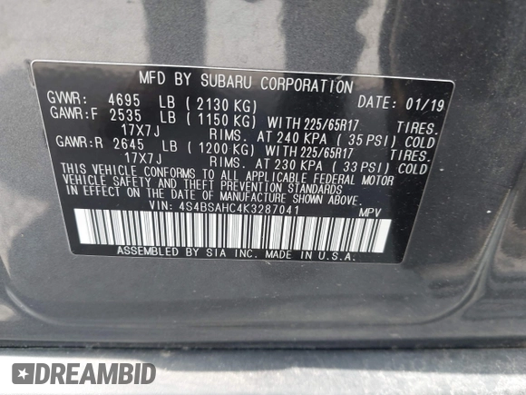 2019 Subaru Outback Premium с VIN 4S4BSAHC4K3287041, выставлен на аукционе IAAI как лот 42312912 с пробегом 52 726 миль миль и . История ставок и продаж доступна на DreamBid. Изображение 9.