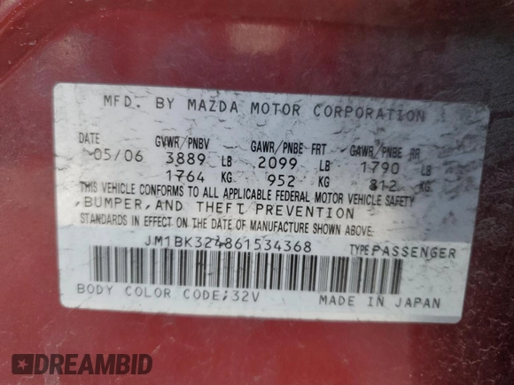 2006 Mazda 3 s with VIN JM1BK324861534368, listed as a Copart auction lot 41458435 with 147,841 mi miles and Salvage Title. Bid and sale history available at DreamBid. Image 12.