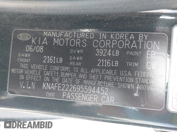 2009 Kia Spectra EX with VIN KNAFE222695594452, listed as a IAAI auction lot 42262174 with 177,254 mi miles and . Bid and sale history available at DreamBid. Image 9.