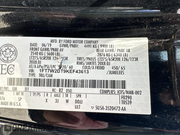 2019 Ford F-250 XL with VIN 1FT7W2BT9KEF43613, listed as a Copart auction lot 65194225 with 187,188 mi miles and Clean title. Bid and sale history available at DreamBid. Image 10.