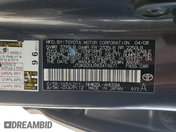 2008 Toyota Prius z VIN JTDKB20U983419671, wystawiony jako Copart lot #58446135 z przebiegiem Nie podano mil oraz Szkoda całkowita • Salvage title. Historia ofert i sprzedaży dostępna na DreamBid. Obrazek 12.