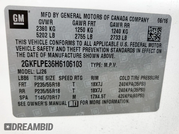 2017 GMC Terrain SLT z VIN 2GKFLPE36H6106103, wystawiony jako Copart lot #59215955 z przebiegiem 190 870 mil mil oraz Szkoda całkowita • Salvage title. Historia ofert i sprzedaży dostępna na DreamBid. Obrazek 14.