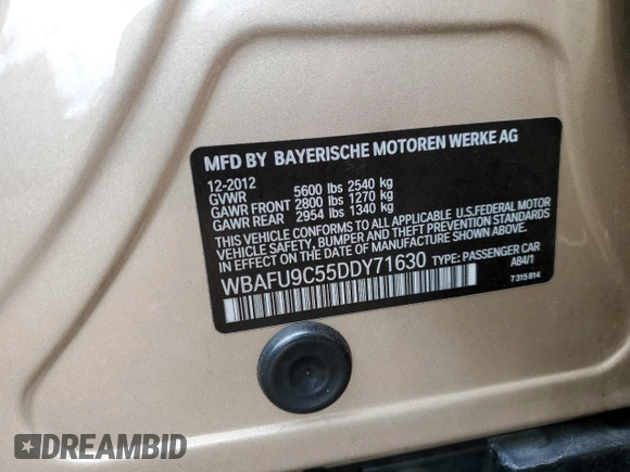 2013 BMW 5 Series 550i xDrive with VIN WBAFU9C55DDY71630, listed as a Copart auction lot 52511635 with 51,474 mi miles and Salvage title. Bid and sale history available at DreamBid. Image 13.