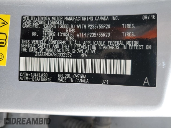 2016 Lexus RX 350 with VIN 2T2ZZMCA7GC032352, listed as a Copart auction lot 55393045 with 105,023 mi miles and Salvage Title. Bid and sale history available at DreamBid. Image 13.