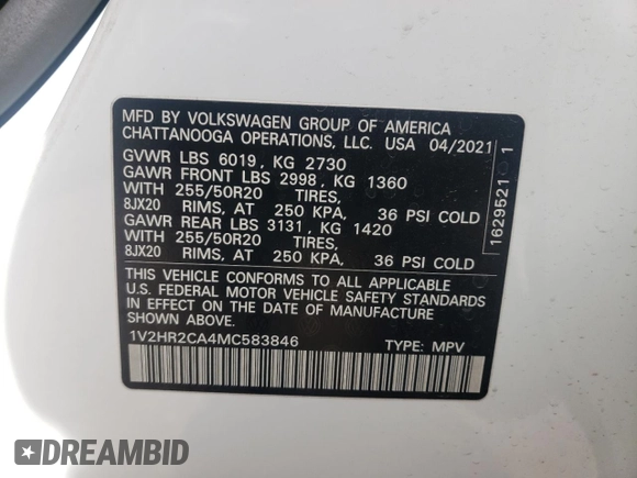 2021 Volkswagen Atlas SE with VIN 1V2HR2CA4MC583846, listed as a Copart auction lot 56176645 with 75,026 mi miles and Salvage title. Bid and sale history available at DreamBid. Image 13.