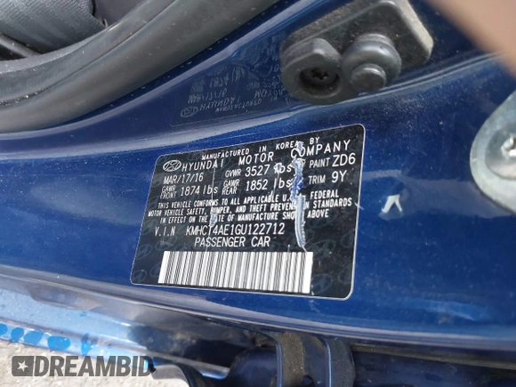 2016 Hyundai Accent SE with VIN KMHCT4AE1GU122712, listed as a IAAI auction lot 42026974 with 82,756 mi miles. Bid and sale history available at carsss.com. Image 9.