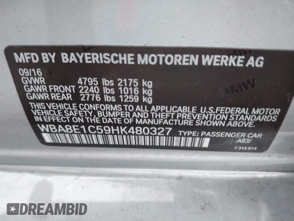 2017 BMW 3 Series 330e iPerformance with VIN WBA8E1C59HK480327, listed as a IAAI auction lot 41809395 with 74,919 mi miles. Bid and sale history available at carsss.com. Image 9.