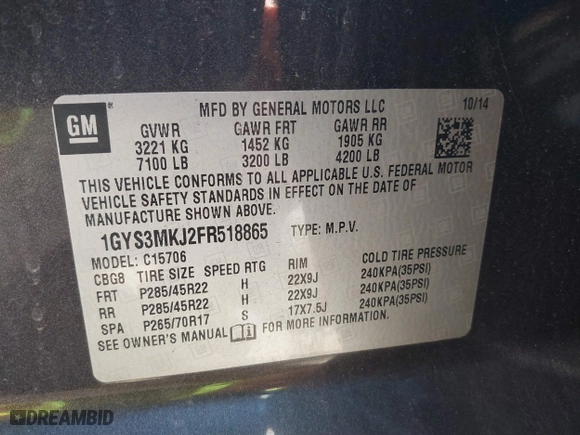 2015 Cadillac Escalade Luxury with VIN 1GYS3MKJ2FR518865, listed as a IAAI auction lot 41890235 with 156,849 mi miles. Bid and sale history available at carsss.com. Image 9.