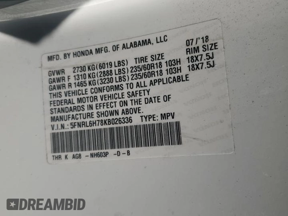 2019 Honda Odyssey EX-L z VIN 5FNRL6H78KB026336, wystawiony jako Copart lot #57120535 z przebiegiem 85 826 mil mil oraz Szkoda całkowita • Salvage title. Historia ofert i sprzedaży dostępna na DreamBid. Obrazek 14.