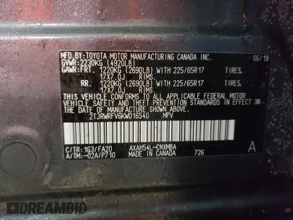 2019 Toyota RAV4 Hybrid XLE with VIN 2T3RWRFV6KW016540, listed as a Copart auction lot 45416235 with 87,713 mi miles and Salvage Title. Bid and sale history available at carsss.com. Image 12.