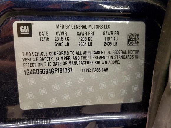 2016 Buick LaCrosse Premium I with VIN 1G4GD5G34GF181767, listed as a Copart auction lot 45110325 with 139,801 mi miles and Salvage title. Bid and sale history available at DreamBid. Image 12.