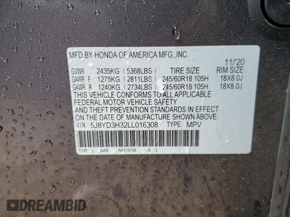 2020 Acura MDX with VIN 5J8YD3H32LL016308, listed as a Copart auction lot 57323855 with 48,461 mi miles and Non repairable. Bid and sale history available at DreamBid. Image 13.