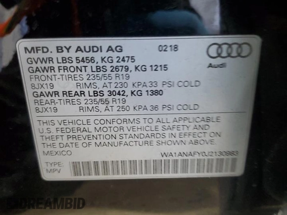 2018 Audi Q5 Premium with VIN WA1ANAFY0J2130983, listed as a Copart auction lot 43253715 with 58,158 mi miles and Clean Title. Bid and sale history available at carsss.com. Image 13.