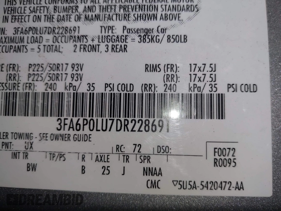 2013 Ford Fusion SE Hybrid with VIN 3FA6P0LU7DR228691, listed as a IAAI auction lot 42055540 with 144,389 mi miles and . Bid and sale history available at DreamBid. Image 9.
