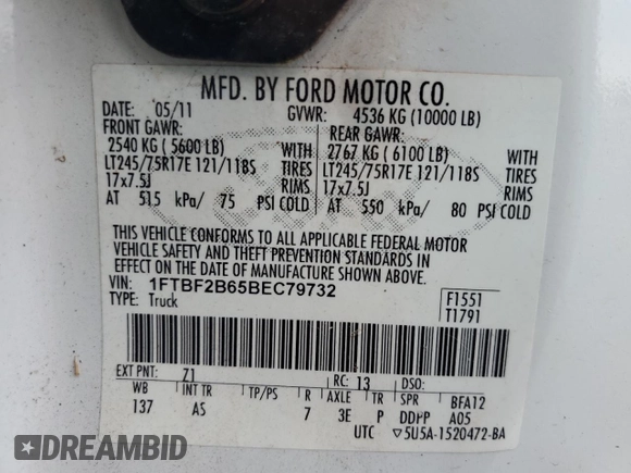 2011 Ford F-250 XL with VIN 1FTBF2B65BEC79732, listed as a Copart auction lot 63566995 with 145,354 mi miles and Clean title. Bid and sale history available at DreamBid. Image 13.