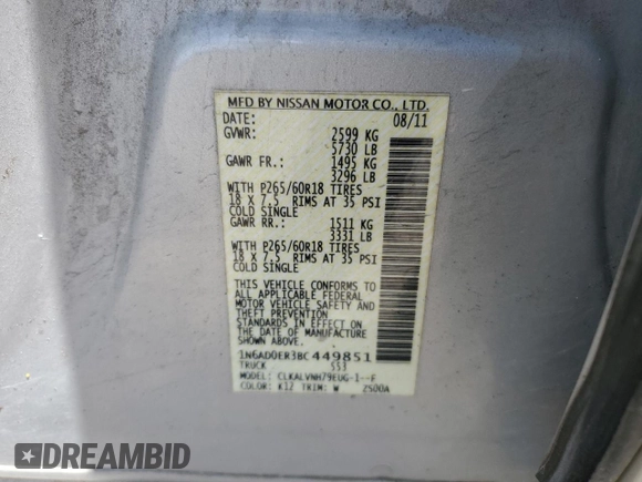 2011 Nissan Frontier SL with VIN 1N6AD0ER3BC449851, listed as a Copart auction lot 61001375 with 254,759 mi miles and Salvage title. Bid and sale history available at DreamBid. Image 12.