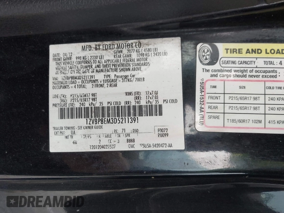2013 Ford Mustang V6 with VIN 1ZVBP8EM3D5211391, listed as a IAAI auction lot 40585527 with 203,555 mi miles and . Bid and sale history available at DreamBid. Image 9.