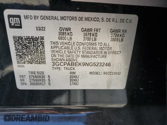 2022 Chevrolet Silverado 1500 Custom with VIN 3GCPABEK9NG523246, listed as a Copart auction lot 48911035 with Not Provided miles and Non Repairable. Bid and sale history available at DreamBid. Image 14.