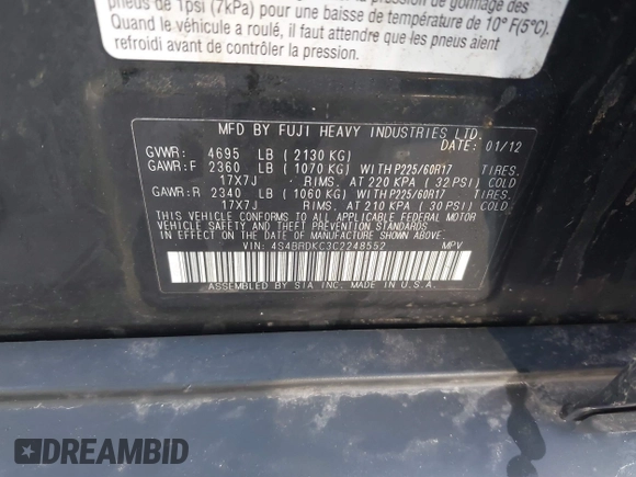 2012 Subaru Outback Limited z VIN 4S4BRDKC3C2248552, wystawiony jako IAAI lot #41888160 z przebiegiem 173 943 mil mil oraz . Historia ofert i sprzedaży dostępna na DreamBid. Obrazek 9.