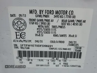 2013 Ford F-150 XL with VIN 1FTFW1ET0DFD58221, listed as a Copart auction lot 58788015 with 251,650 mi miles and Clean title. Bid and sale history available at DreamBid. Image 12.