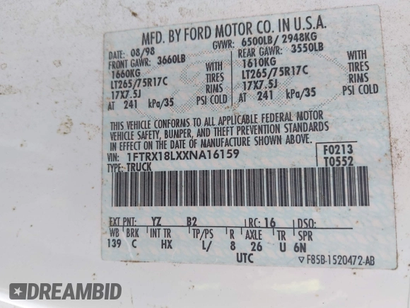 1999 Ford F-150 XL with VIN 1FTRX18LXXNA16159, listed as a IAAI auction lot 41746440 with 999,999 mi miles. Bid and sale history available at carsss.com. Image 9.