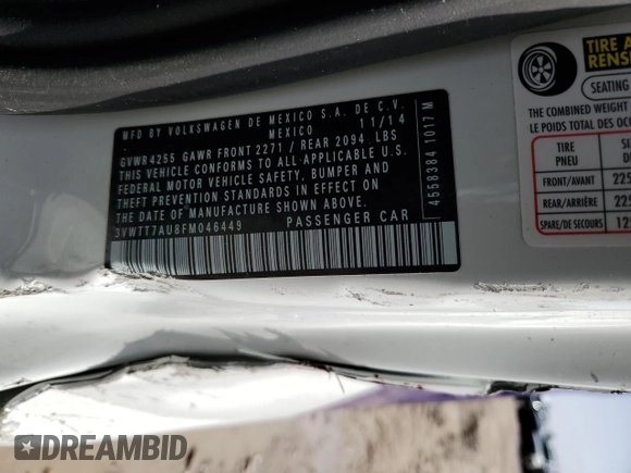 2015 Volkswagen GTI S с VIN 3VWTT7AU8FM046449, выставлен на аукционе Copart как лот 45322725 с пробегом 113 740 миль миль и Списание • Salvage title. История ставок и продаж доступна на DreamBid. Изображение 12.