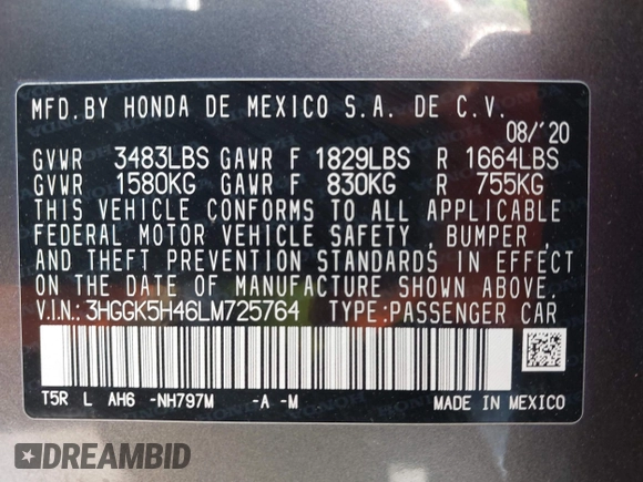 2020 Honda Fit LX with VIN 3HGGK5H46LM725764, listed as a IAAI auction lot 42499144 with 79,758 mi miles and . Bid and sale history available at DreamBid. Image 9.