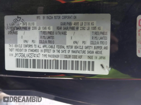 2010 Mazda 5 Sport with VIN JM1CR2WLXA0374147, listed as a IAAI auction lot 41776190 with 155,618 mi miles and . Bid and sale history available at DreamBid. Image 9.