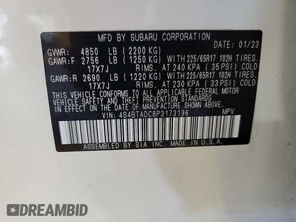 2023 Subaru Outback Premium with VIN 4S4BTADC8P3173196, listed as a IAAI auction lot 42842411 with 87,367 mi miles and . Bid and sale history available at DreamBid. Image 14.