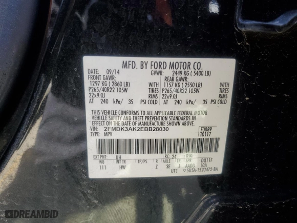 2014 Ford Edge Sport with VIN 2FMDK3AK2EBB28030, listed as a Copart auction lot 50151015 with 92,341 mi miles and Salvage Title. Bid and sale history available at carsss.com. Image 13.