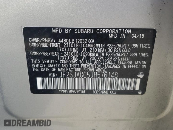 2018 Subaru Forester Premium with VIN JF2SJAGC5JH576148, listed as a Copart auction lot 55021285 with 55,714 mi miles and Salvage Title. Bid and sale history available at DreamBid. Image 13.