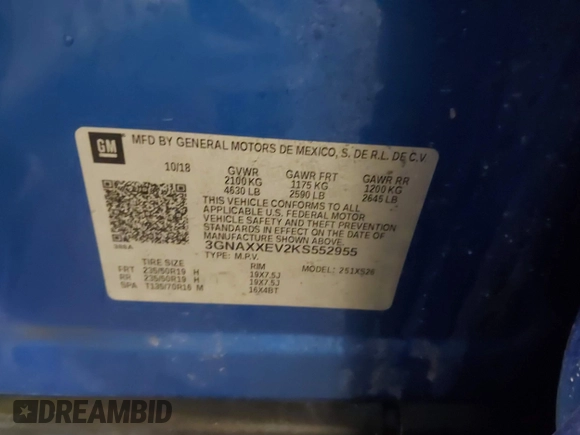 2019 Chevrolet Equinox Premier with VIN 3GNAXXEV2KS552955, listed as a IAAI auction lot 41759049 with 101,988 mi miles and . Bid and sale history available at DreamBid. Image 9.