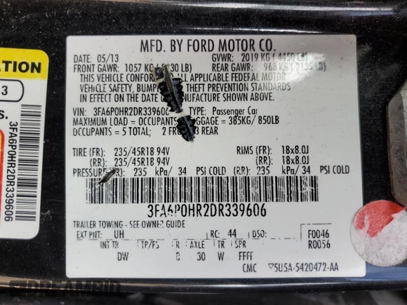 2013 Ford Fusion SE with VIN 3FA6P0HR2DR339606, listed as a Copart auction lot 57692505 with 192,753 mi miles and Salvage title. Bid and sale history available at DreamBid. Image 12.