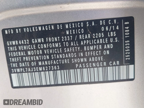 2014 Volkswagen Jetta TDI w/Sunroof z VIN 3VWPL7AJ3EM627363, wystawiony jako IAAI lot #42122688 z przebiegiem 95 379 mil mil oraz . Historia ofert i sprzedaży dostępna na DreamBid. Obrazek 9.