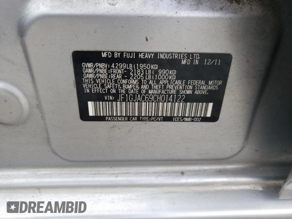 2012 Subaru Impreza Premium с VIN JF1GJAC69CH014122, выставлен на аукционе Copart как лот 55627355 с пробегом 44 432 миль миль и Списание • Salvage title. История ставок и продаж доступна на DreamBid. Изображение 13.
