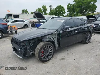 2023 Infiniti Q50 Red Sport 400 with VIN JN1FV7DR1PM590213, listed as a Copart auction lot 58076655 with 72,917 mi miles and Salvage title. Bid and sale history available at DreamBid. Image 1.