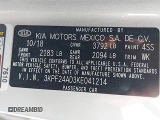 2019 Kia Forte LXS z VIN 3KPF24AD3KE041214, wystawiony jako IAAI lot #41893834 z przebiegiem 105 581 mil mil oraz . Historia ofert i sprzedaży dostępna na DreamBid. Obrazek 9.