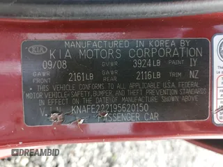 2009 Kia Spectra EX with VIN KNAFE222195620150, listed as a Copart auction lot 47403365 with 141,426 mi miles and Salvage Title. Bid and sale history available at DreamBid. Image 12.