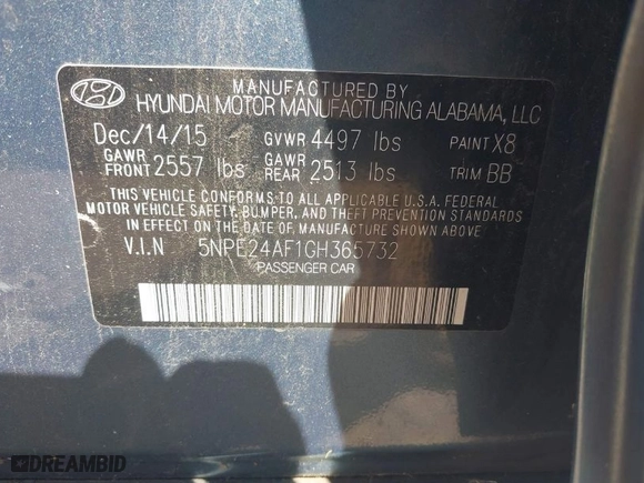 2016 Hyundai Sonata 2.4L SE with VIN 5NPE24AF1GH365732, listed as a IAAI auction lot 40237466 with 189,032 mi miles. Bid and sale history available at carsss.com. Image 9.