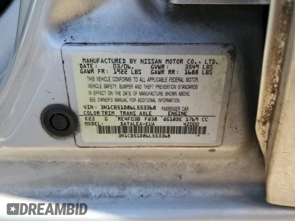 2006 Nissan Sentra S with VIN 3N1CB51D86L553368, listed as a Copart auction lot 49604685 with Not Provided miles and Salvage Title. Bid and sale history available at DreamBid. Image 14.
