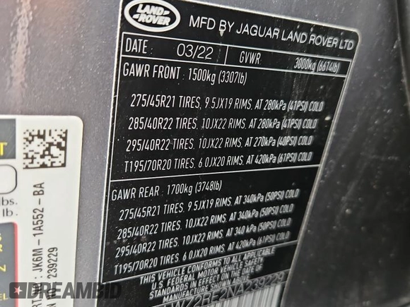 2022 Land Rover Range Rover Sport SVR с VIN SALWZ2RE2NA239229, выставлен на аукционе Copart как лот 51290985 с пробегом 15 952 миль миль и Списание • Salvage title. История ставок и продаж доступна на DreamBid. Изображение 14.