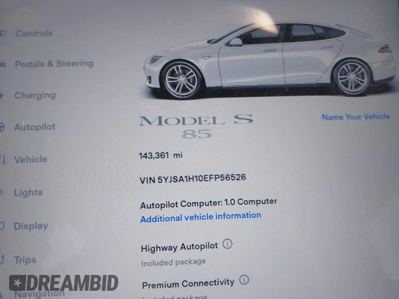 2014 Tesla Model S 60 with VIN 5YJSA1H10EFP56526, listed as a IAAI auction lot 41871784 with 143,361 mi miles and . Bid and sale history available at DreamBid. Image 16.