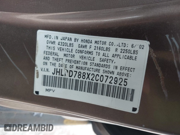 2002 Honda CR-V EX with VIN JHLRD788X2C072925, listed as a IAAI auction lot 42046087 with 184,946 mi miles. Bid and sale history available at carsss.com. Image 9.