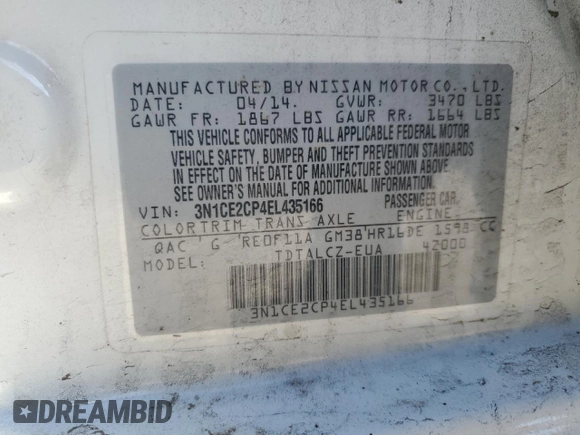 2014 Nissan Note S Plus z VIN 3N1CE2CP4EL435166, wystawiony jako Copart lot #55867635 z przebiegiem 113 366 mil mil oraz Szkoda całkowita • Salvage title. Historia ofert i sprzedaży dostępna na DreamBid. Obrazek 12.