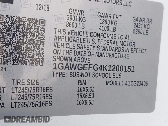2019 Chevrolet Express Passenger LS with VIN 1GAWGEFG4K1200151, listed as a IAAI auction lot 41540721 with 111,873 mi miles and . Bid and sale history available at DreamBid. Image 9.