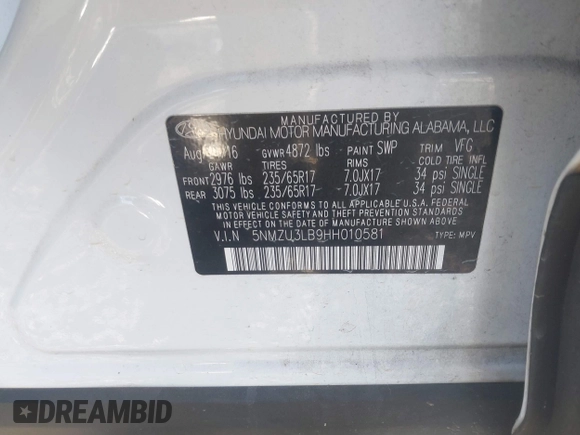2017 Hyundai Santa Fe Sport 2.4L with VIN 5NMZU3LB9HH010581, listed as a IAAI auction lot 41758130 with 117,526 mi miles. Bid and sale history available at carsss.com. Image 9.