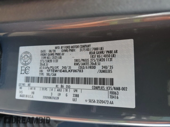 2020 Ford F-150 XL z VIN 1FTEW1E40LKF06703, wystawiony jako Copart lot #60297365 z przebiegiem 88 201 mil mil oraz Szkoda całkowita • Salvage title. Historia ofert i sprzedaży dostępna na DreamBid. Obrazek 13.